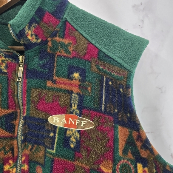Banff National Park Vest Mens Large Green Red Vintage Zip Fleece 90s Canada - Picture 8 of 9